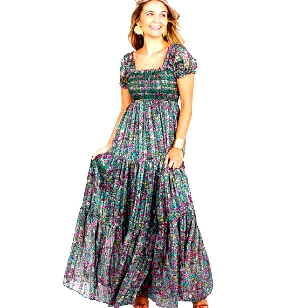 BUDDY LOVE Dress Medium Maxi Ditsy Sycamore Floral Metallic Thread Whimsy NWOT